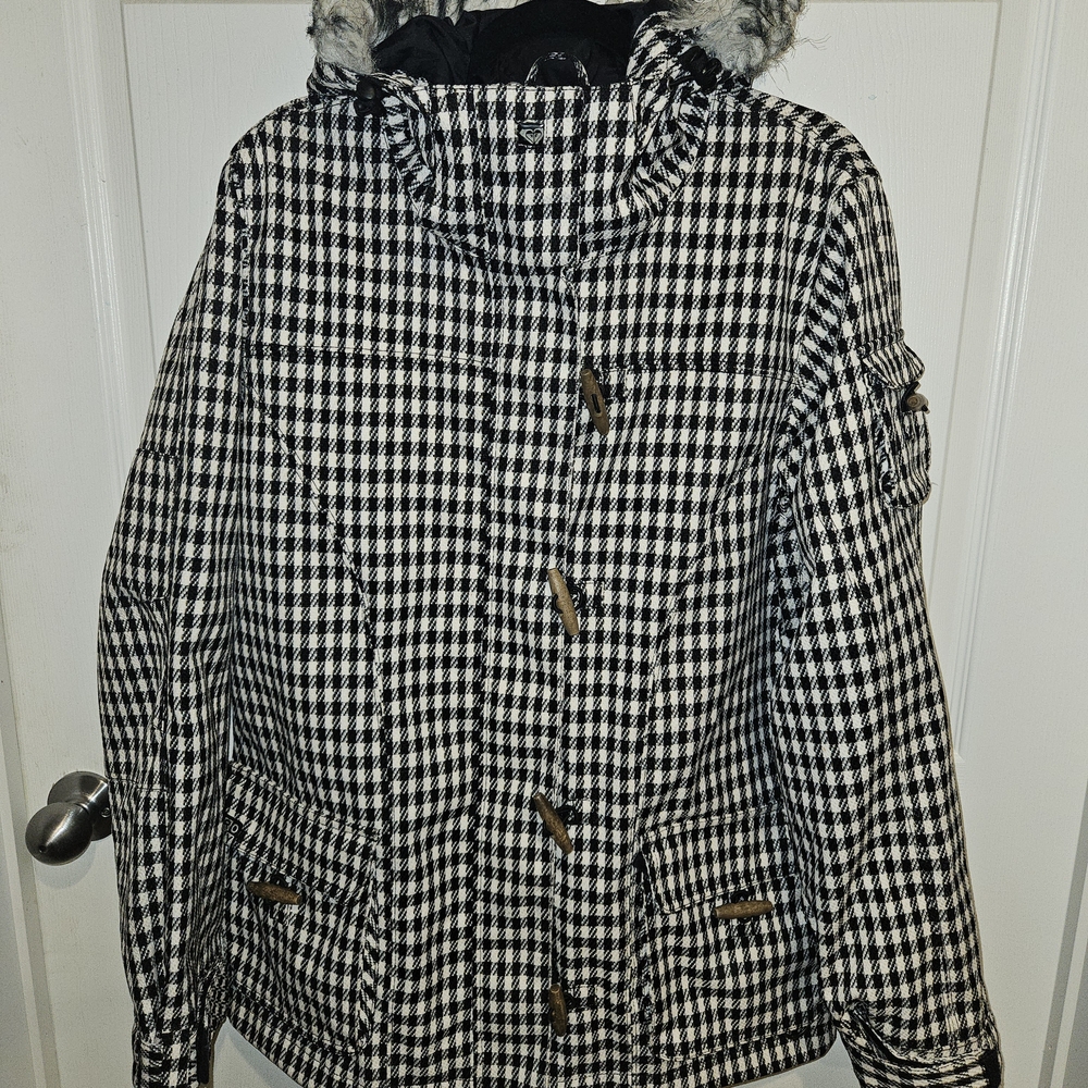 Roxy Snow Ski Jacket Houndstooth Coat with Faux Fur Hood
